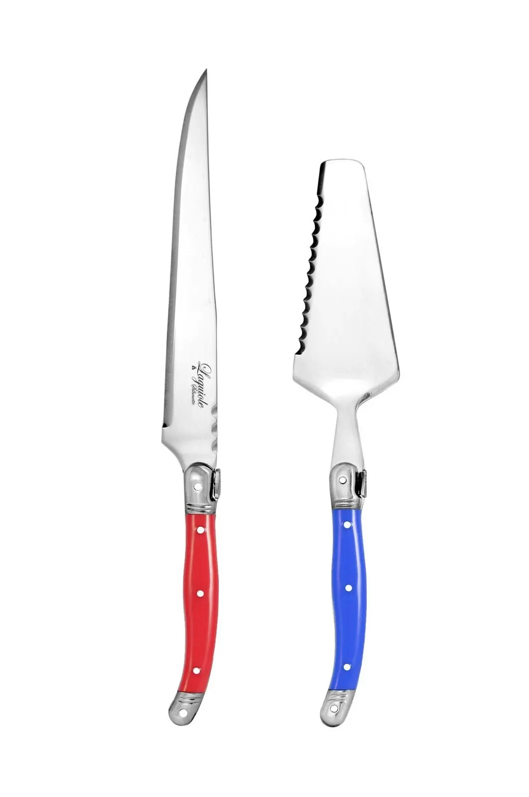 2pc Laguiole Silhouette Stainless Steel Cake Server/Knife Set Utensils Blue/Red