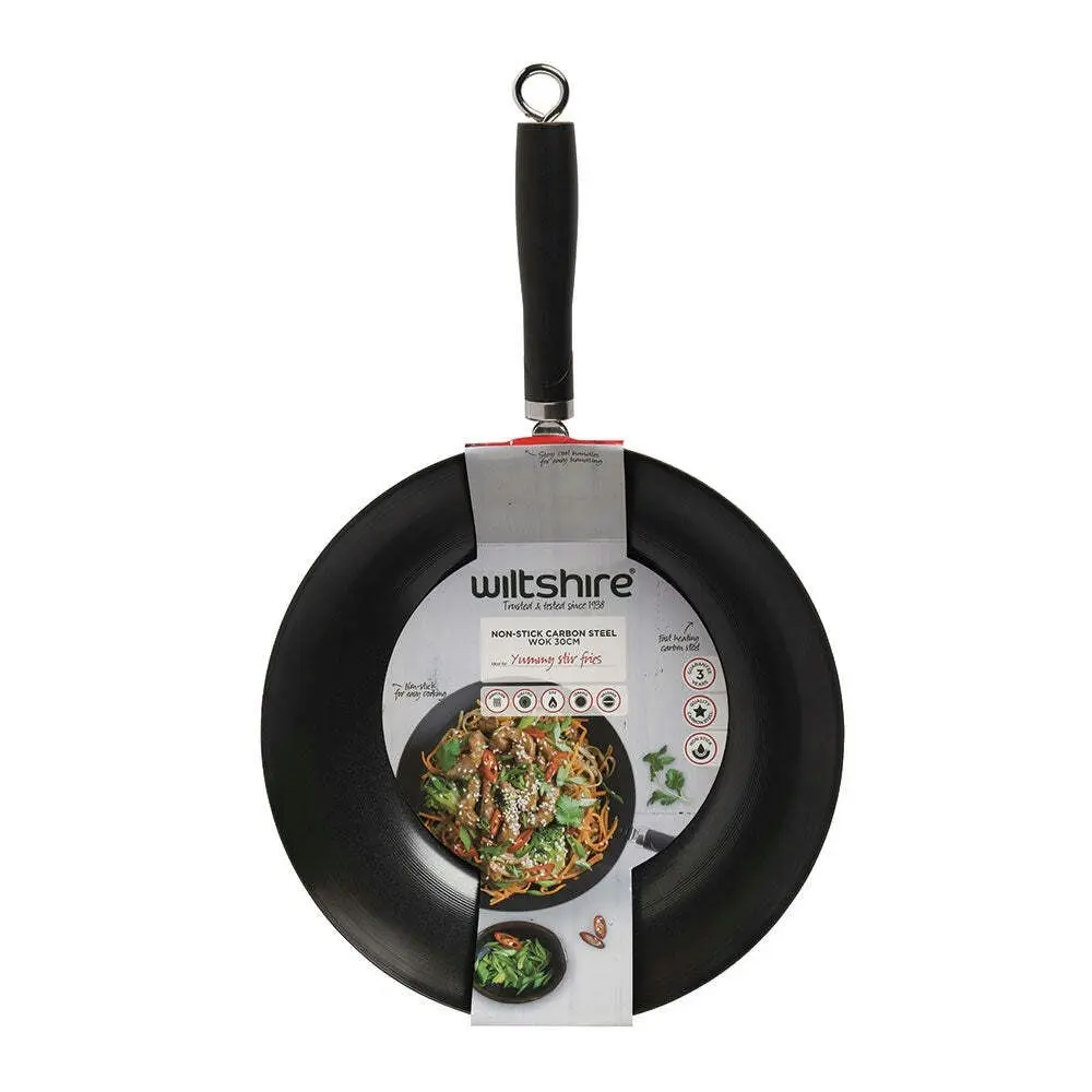 Wiltshire Soho Non Stick Carbon Steel Wok Kitchen Stovetop Pan Black 30cm