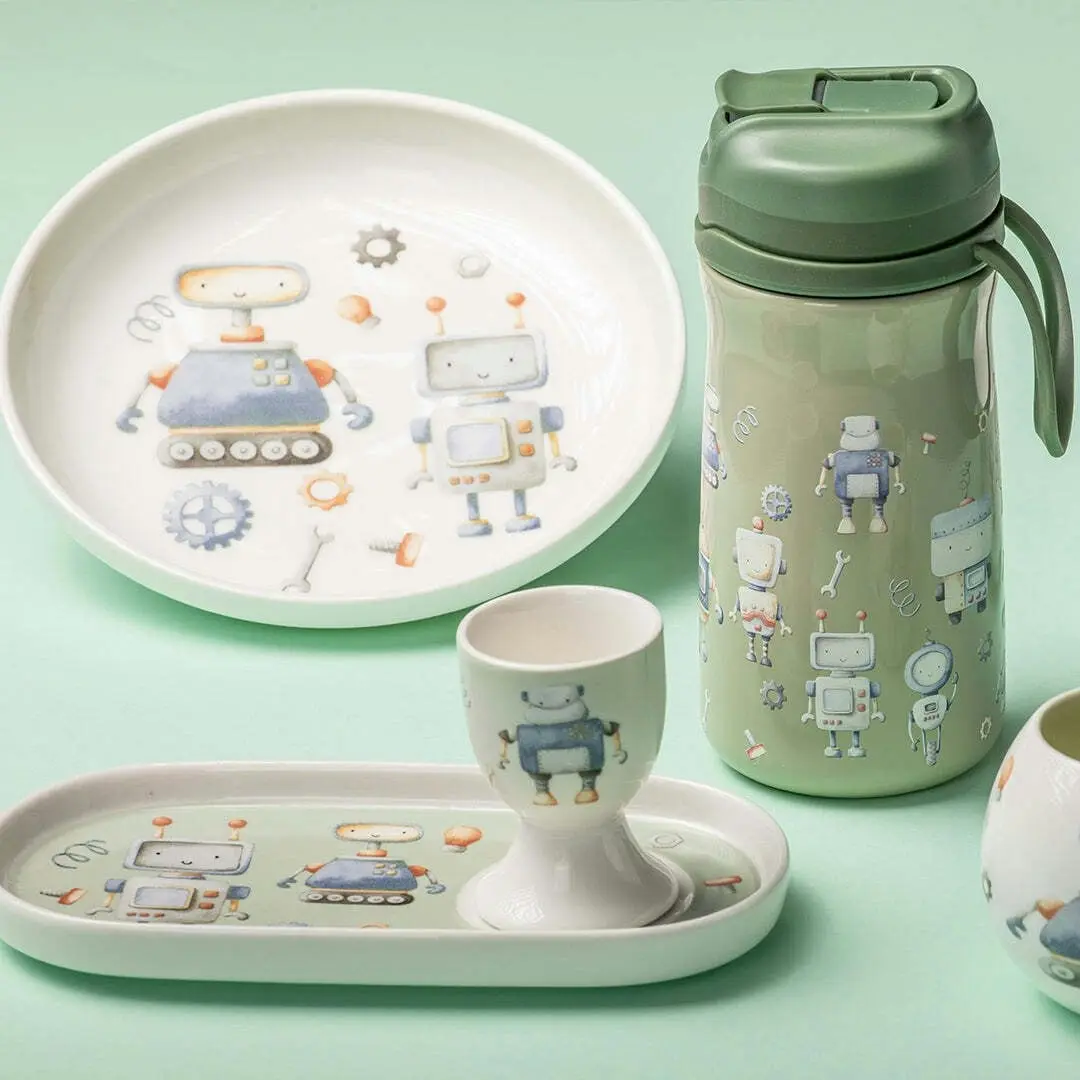 Ashdene Robots Soldier Kids New Bone China Egg Cup & Snack/Dinner Plate Set