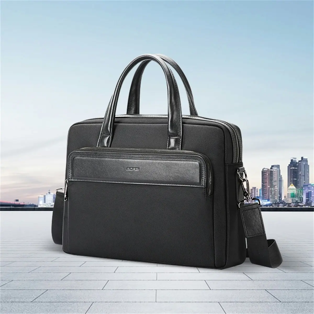 Bopai Luxury Business Shoulder Bag Leather Briefcase 14 Inch Laptop HandBag Black B3771