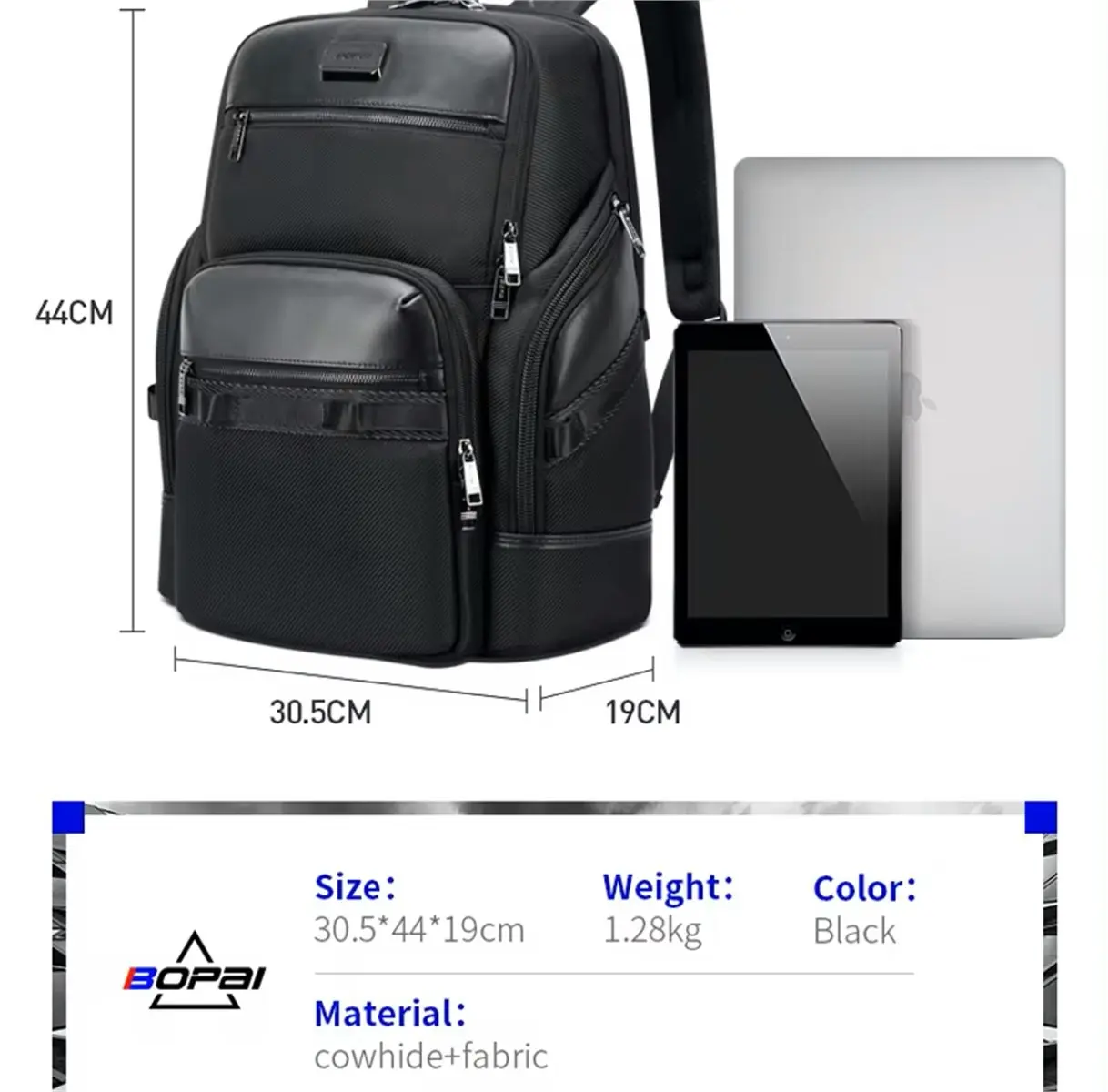 Bopai Luxury leather waterproof Anti-Theft USB charge Business Laptop Backpack Black B6261