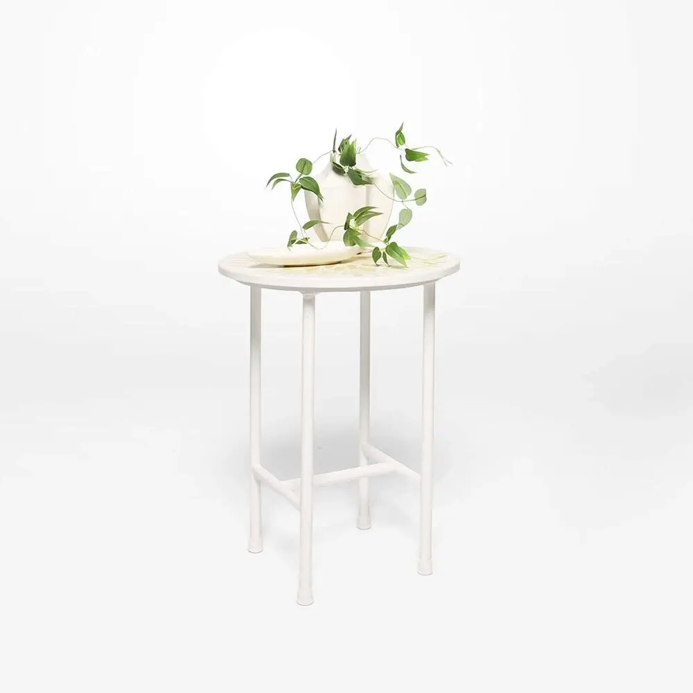 Rayell Marble Side Table Kaleidoscope Print Tan Marble/White Metal Legs 40x50cm