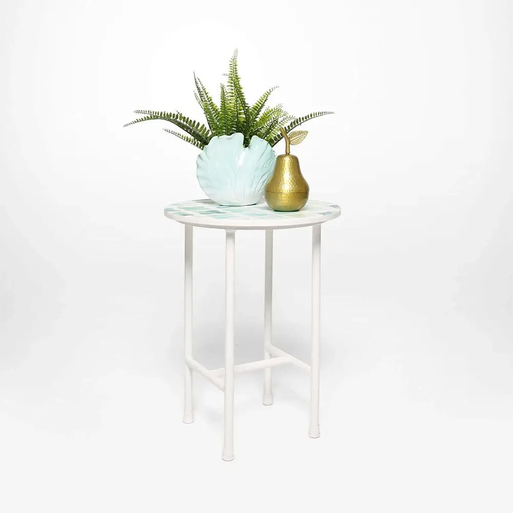 Rayell Marble Side Table Faded Print Cross Blue Marble/White Metal Legs 40x50cm