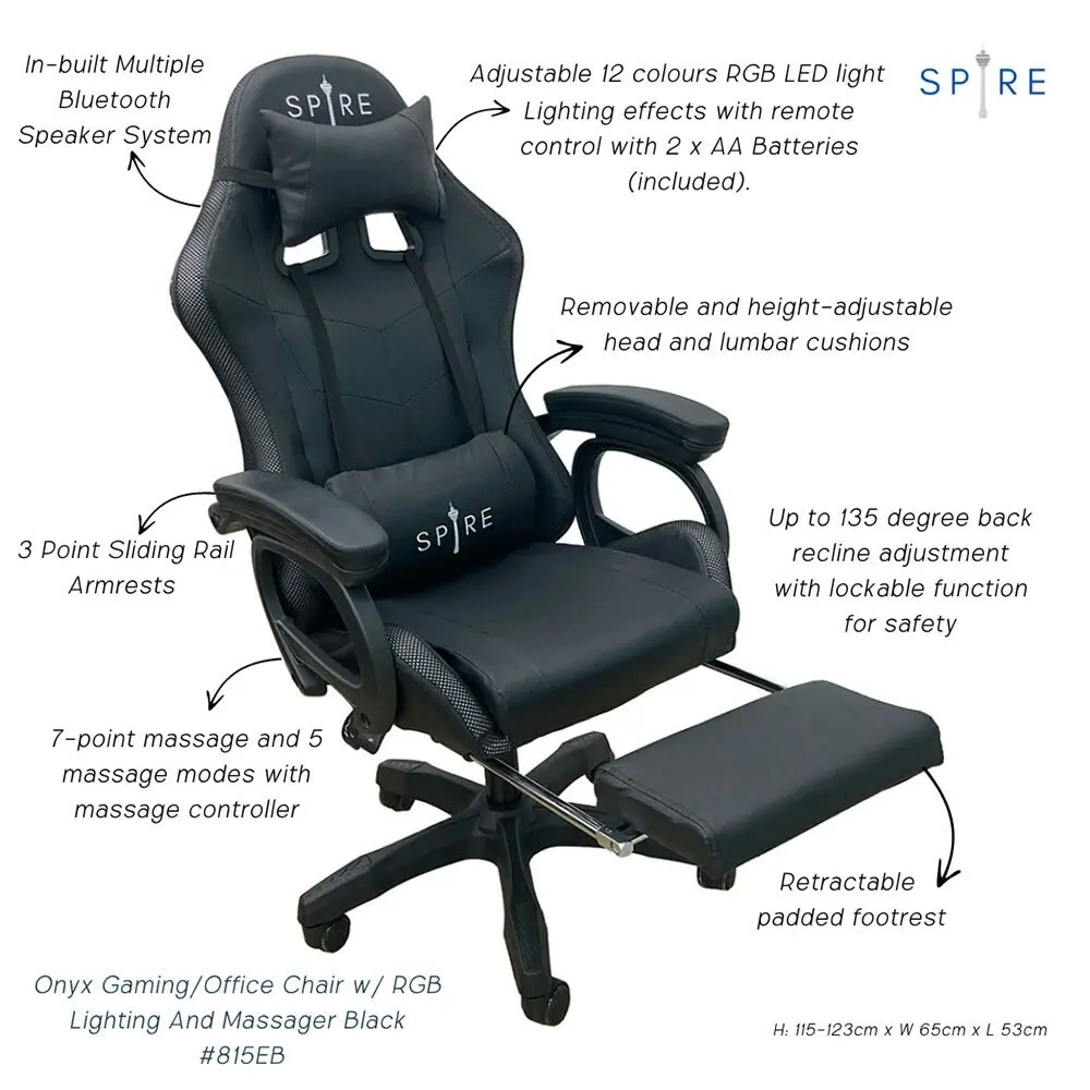 Spire Onyx Adjustable Gaming/Office Chair w/ RGB Lighting And Massager Black