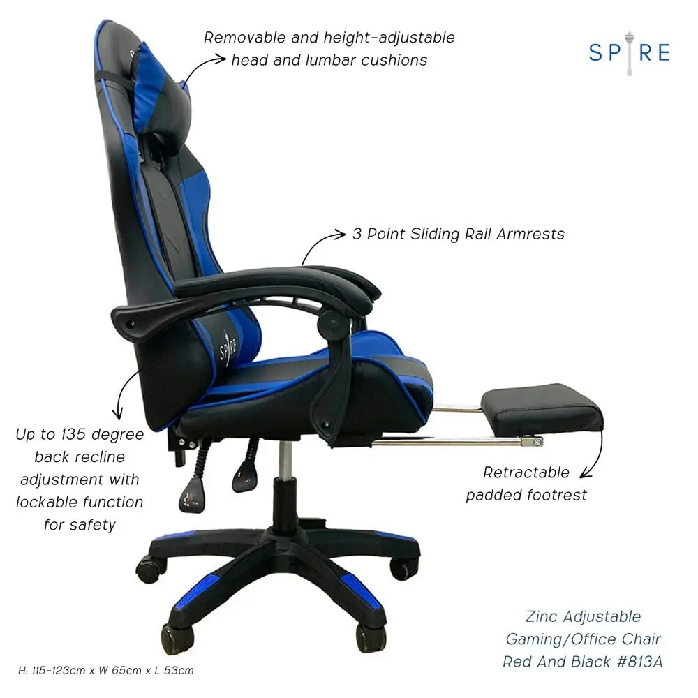 Spire Zinc Adjustable Gaming/Office Chair w/ Retractable Footrest Blue And Black