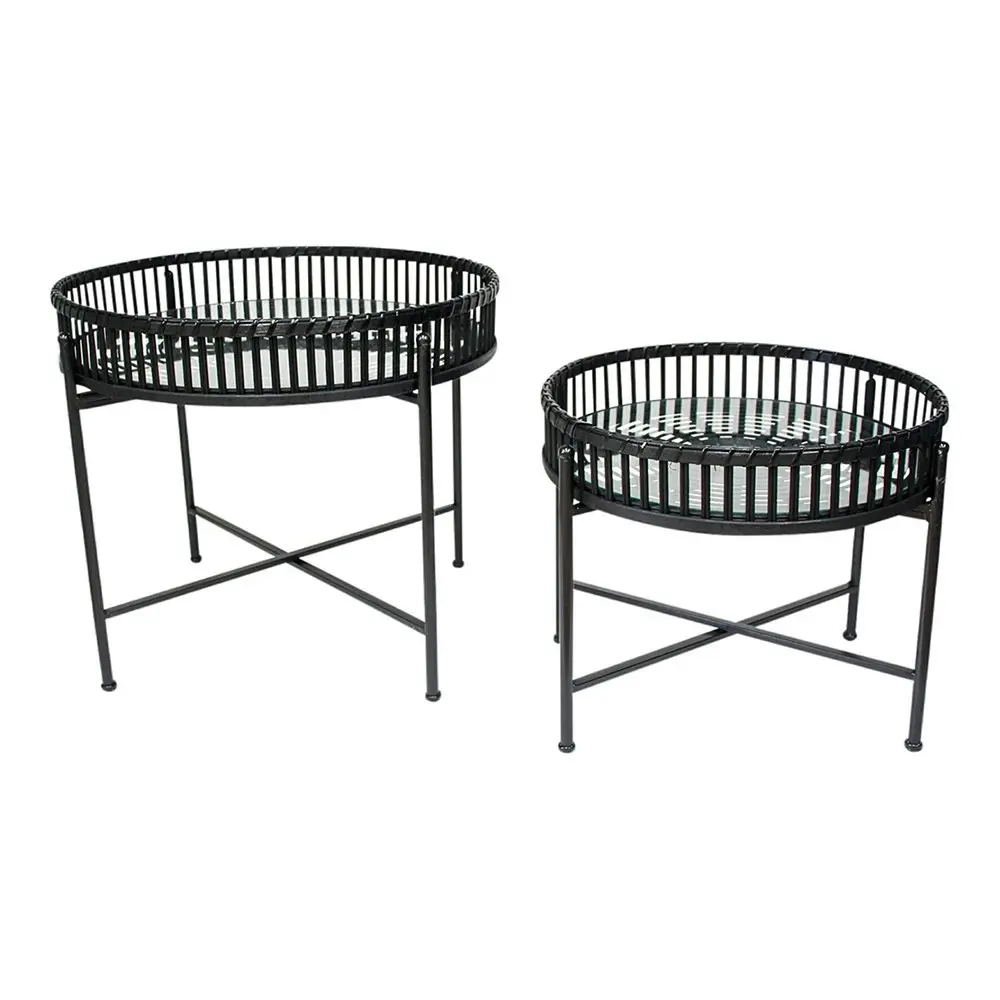 2pc Bamboo Metal Glass 46/58cm Round Side Table Home/Room Decor Furniture Black