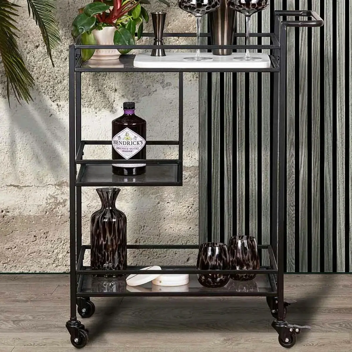 Tempa Bradley 86cm Iron/Glass Bar Cart Drink Storage Serving Trolley Rack Black