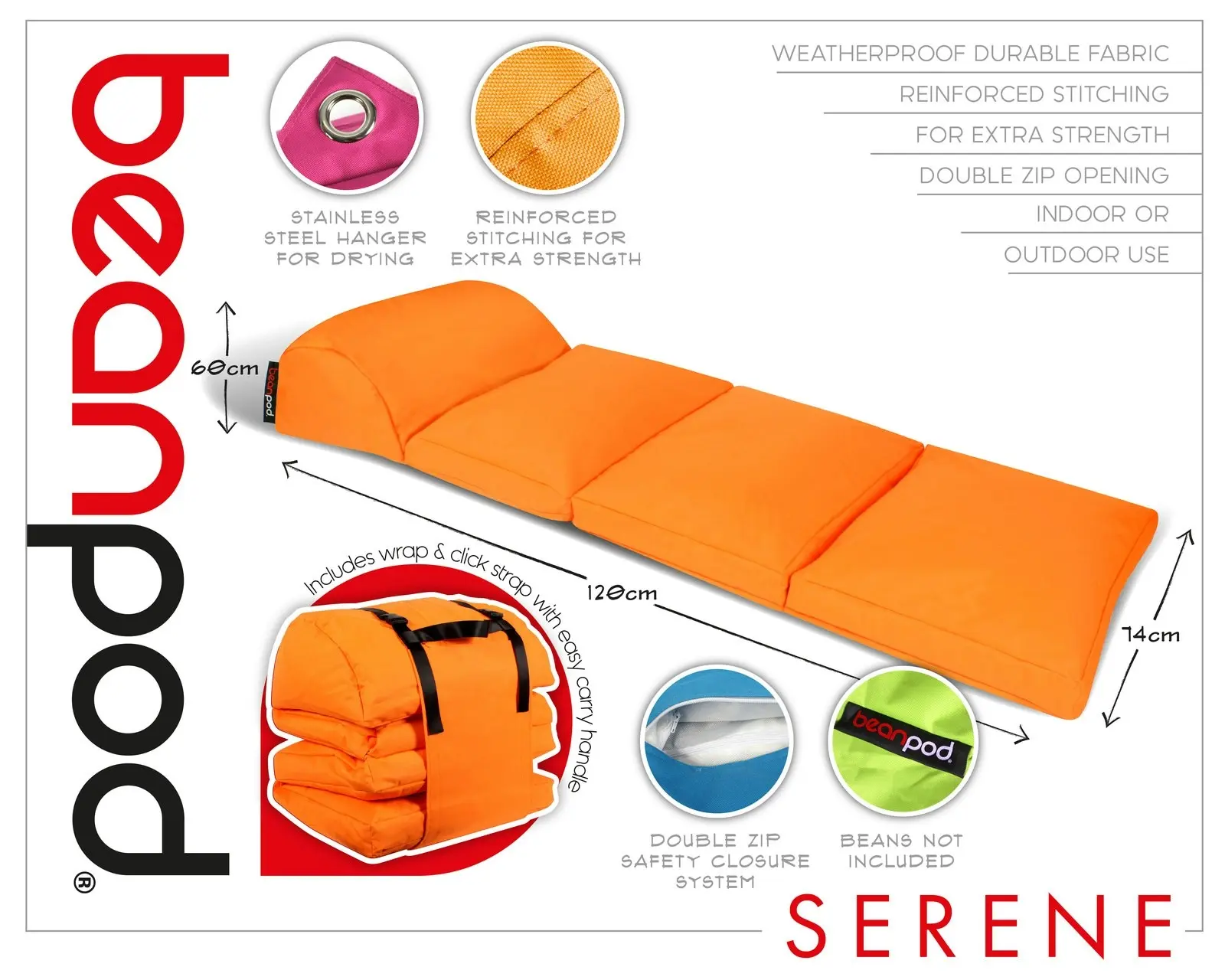 Beanpod 74x120cm Bean Pod Easy Carry Serene Bag Cover w/ Zip Opening Orange