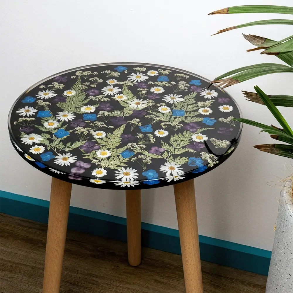 Leni Handcrafted Round Resin Side Table Tranquil Garden Black 40x40x51.5cm