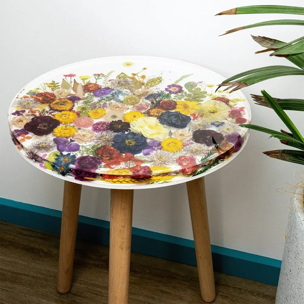 Leni Handcrafted Round Resin Side Table Flower Garden White 40x40x51.5cm