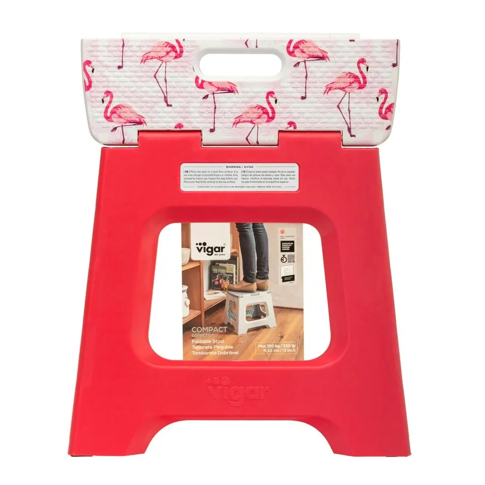 Vigar Compact Foldable 32cm Plastic Step Stool Outdoor/Kitchen Flamingo on Top