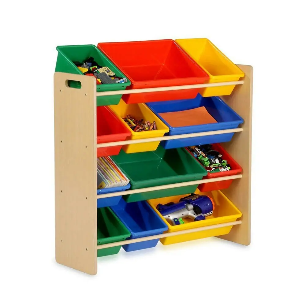 Kids 86cm Wooden Shelf w/12 Plastic Bin for Toys/Books Organiser Storage 3y+