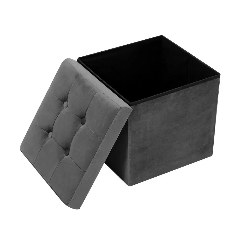 Boxsweden 38x36cm Ottoman Storage Cube Faux Velvet Home Organiser/Stool Grey