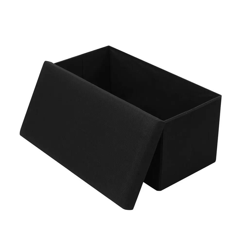 Boxsweden 76x36cm Ottoman Storage Cube Faux Linen Home Organiser/Stool Black