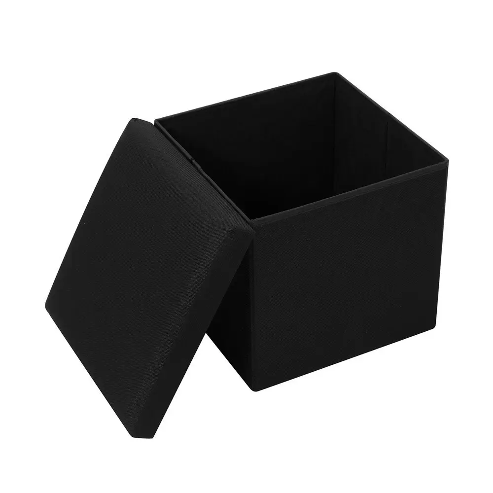 Boxsweden 38x36cm Ottoman Storage Cube Faux Linen Home Organiser/Stool Black