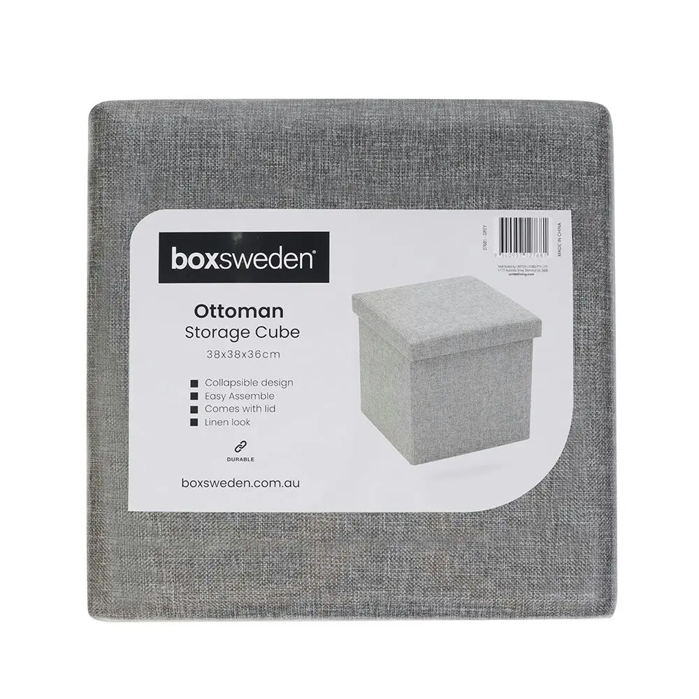 Boxsweden 38x36cm Ottoman Storage Cube Faux Linen Home Organiser/Stool Grey