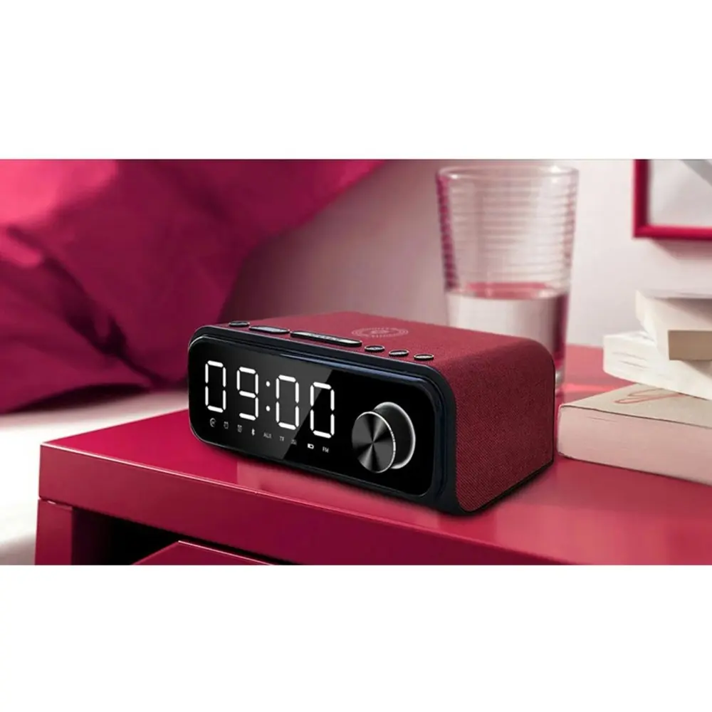 Laser 4-in-1 Digital Alarm Clock Radio w/Qi Charging/Bluetooth Speaker/Mic Red