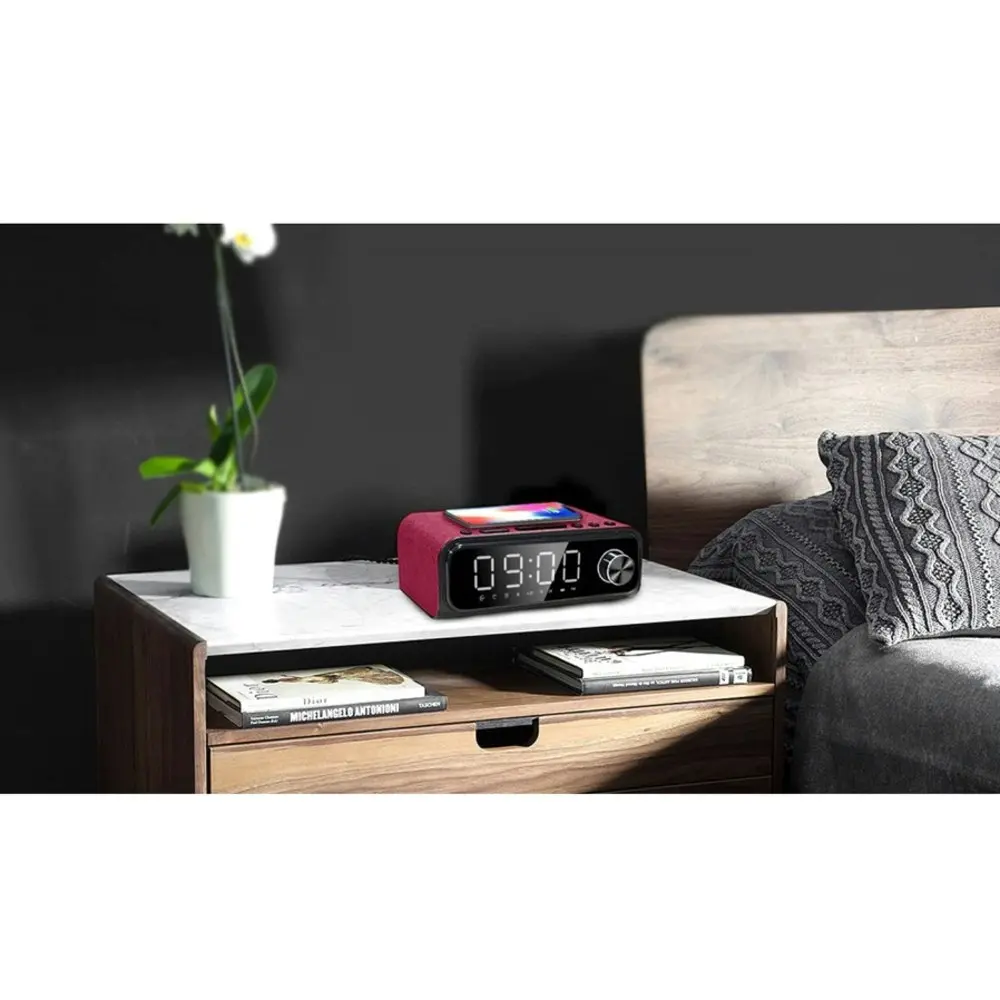 Laser 4-in-1 Digital Alarm Clock Radio w/Qi Charging/Bluetooth Speaker/Mic Red