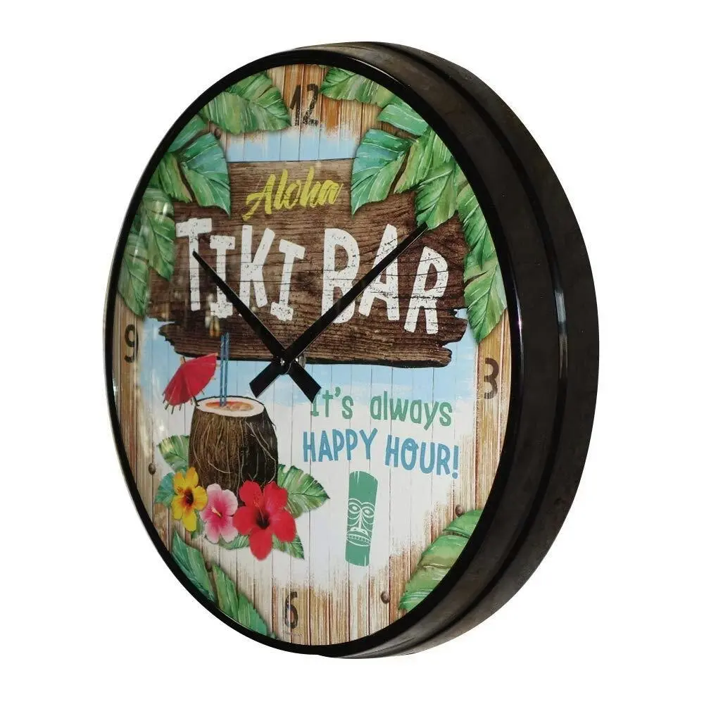 Nostalgic Art 30cm Tiki Bar Round Metal Frame Quartz Battery Operated Wall Clock