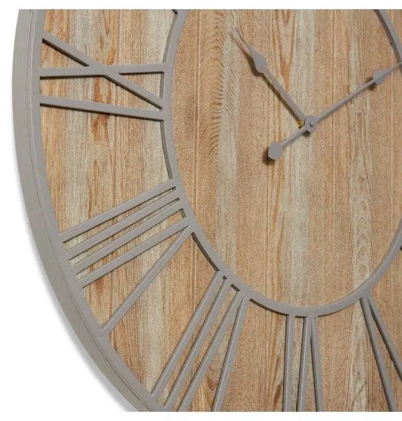 E Style Daxton Metal/MDF 90cm Wall Clock Hanging Round Analogue Natural/Grey