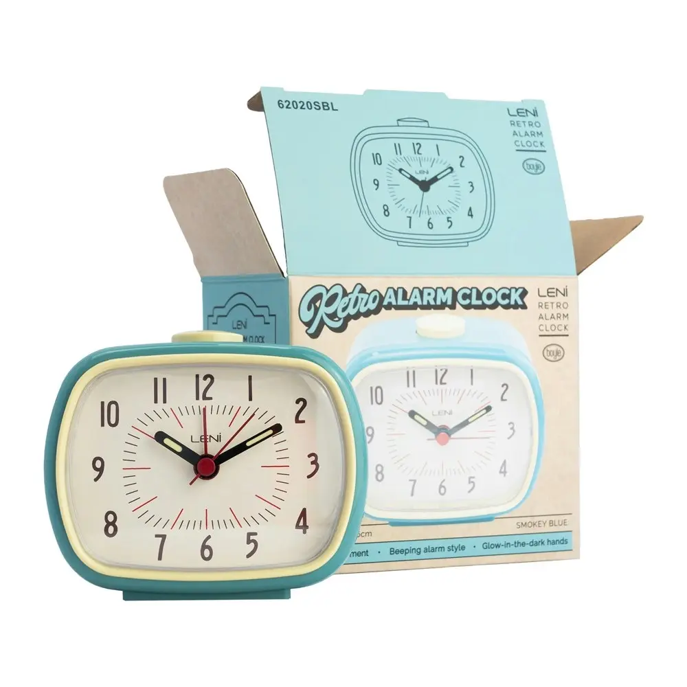 Leni Retro Vintage Rectangle Bedside Analogue Beep Alarm Clock Smokey BLU