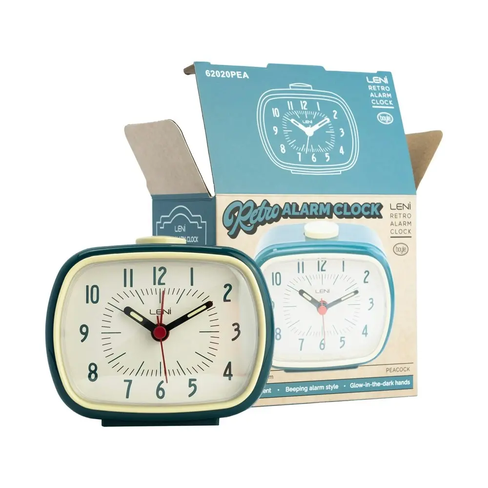 Leni Plastic Retro Analogue Alarm Clock Glow in the Dark Home/Room Decor Peacock