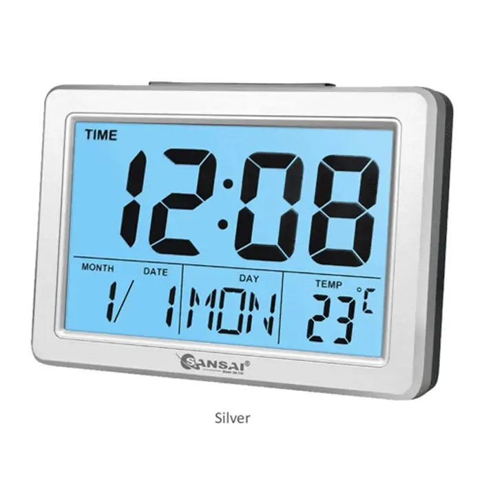 Sansai LCD Digital Alarm Clock Date/Temp Blue Backlight 12/24Hr Assorted 13.8cm