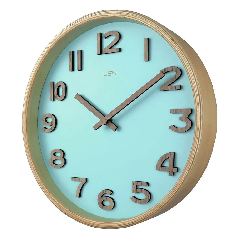 Leni Tilia Silent Sweeping Wooden Home Wall Timepiece Clock 25.5cm Teal