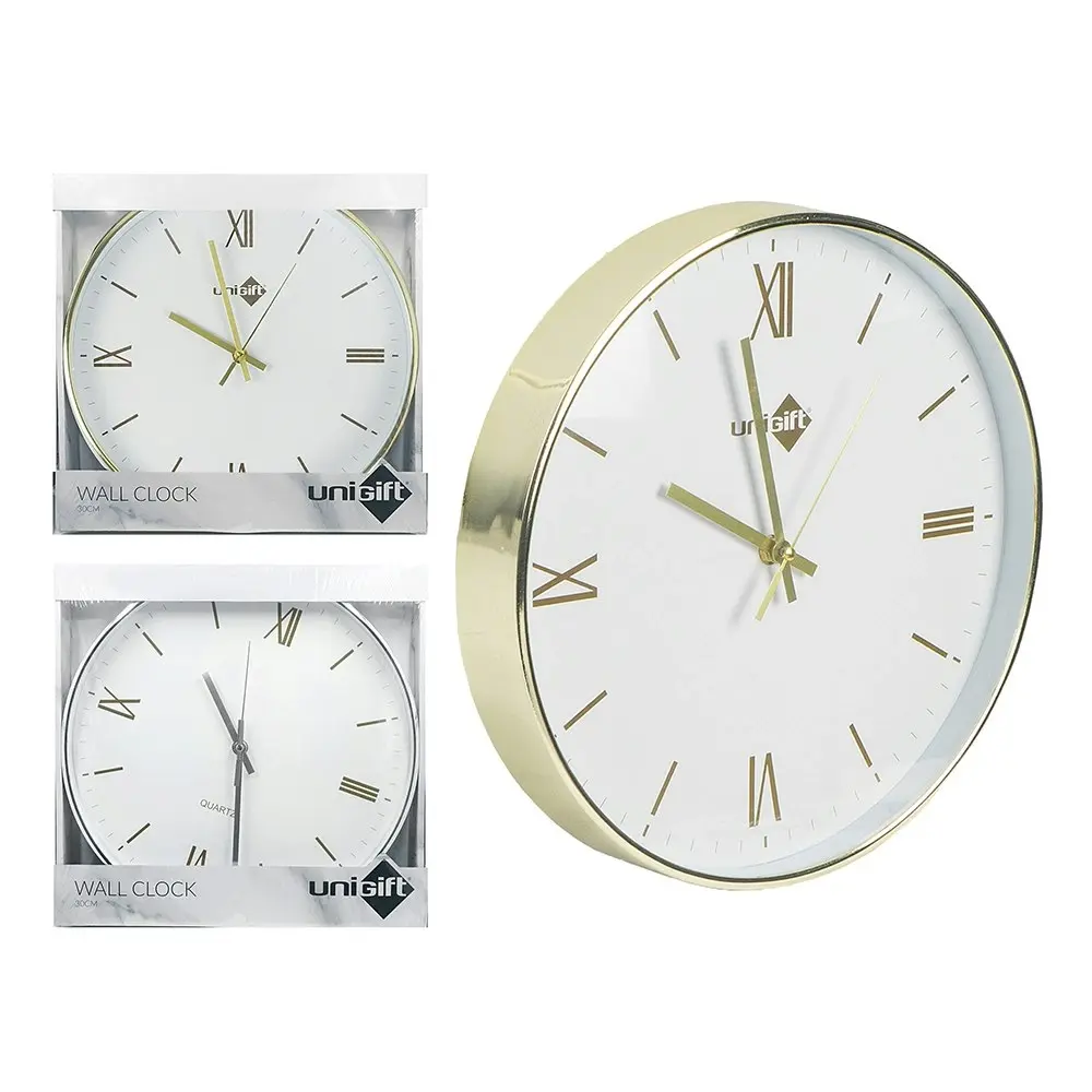 Unigift Classic Plated Round 30cm Wall Clock Analogue Hanging Decor Assorted