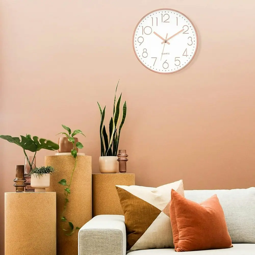 Degree Quartz Modern Wall Clock Non-Ticking Rose Gold/White Home Decor 30cm