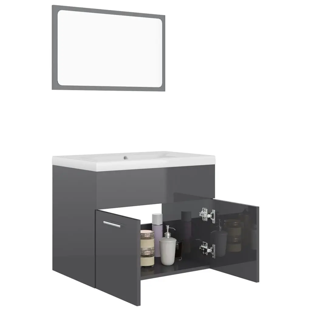 Bathroom Furniture Set High Gloss Grey Engineered Wood 3070873