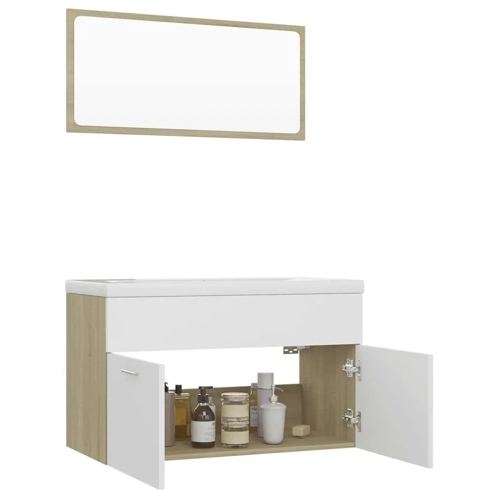 Bathroom Furniture Set White and Sonoma Oak Engineered Wood 3070879