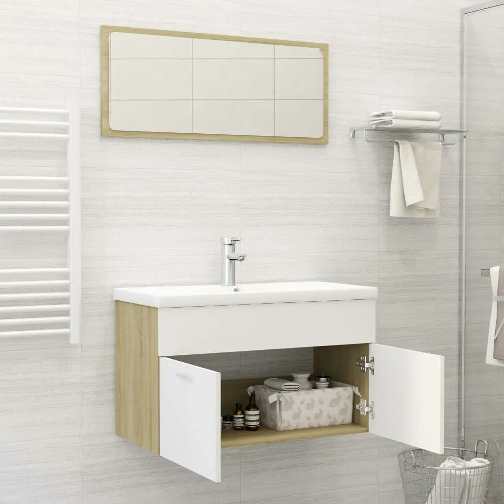 Bathroom Furniture Set White and Sonoma Oak Engineered Wood 3070879