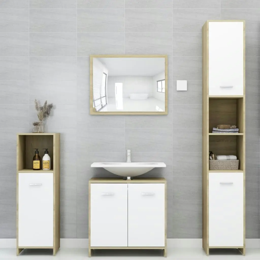 Bathroom Cabinet White and Sonoma Oak 30x30x95 cm Engineered Wood 802593