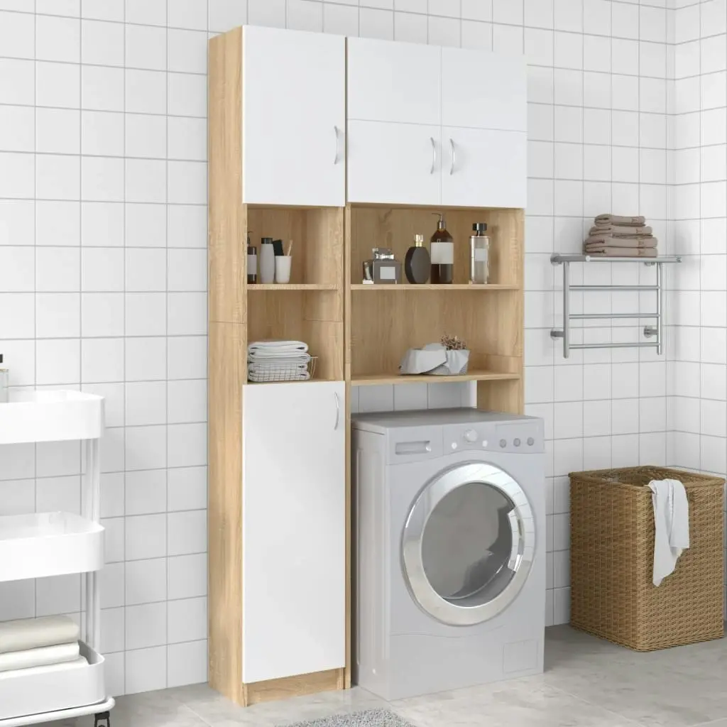 Bathroom Cabinet White and Sonoma Oak 32x25.5x190 cm Engineered Wood 802881