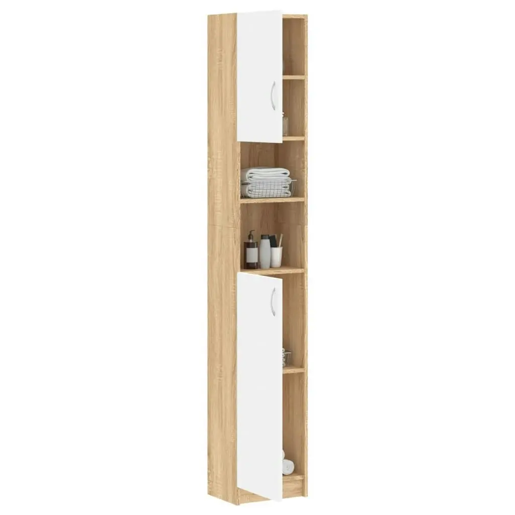 Bathroom Cabinet White and Sonoma Oak 32x25.5x190 cm Engineered Wood 802881