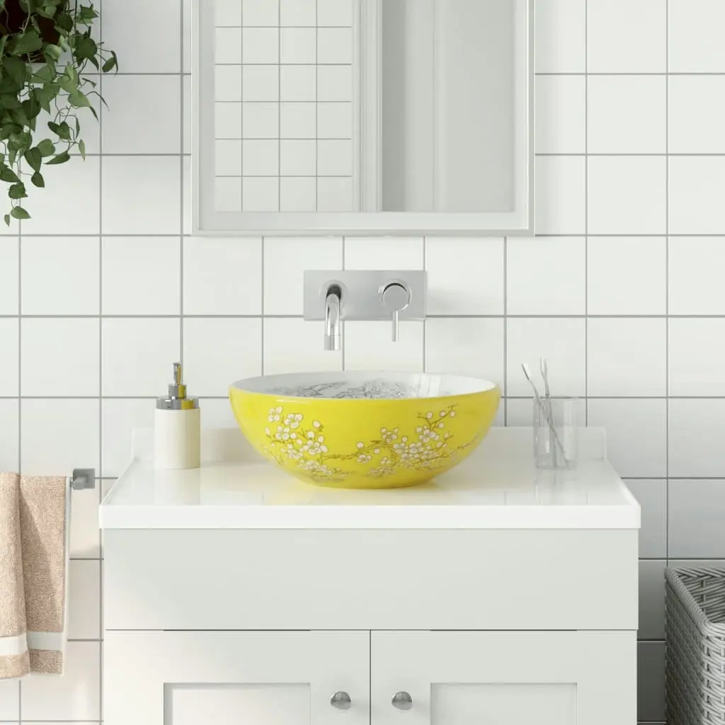 Countertop Basin White and Yellow Round Î¦41x14 cm Ceramic 155053