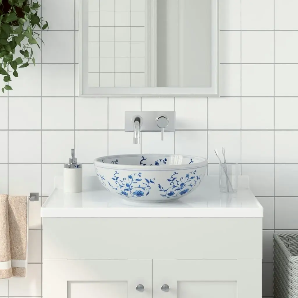 Countertop Basin White and Blue Round Φ41x14 cm Ceramic 155049