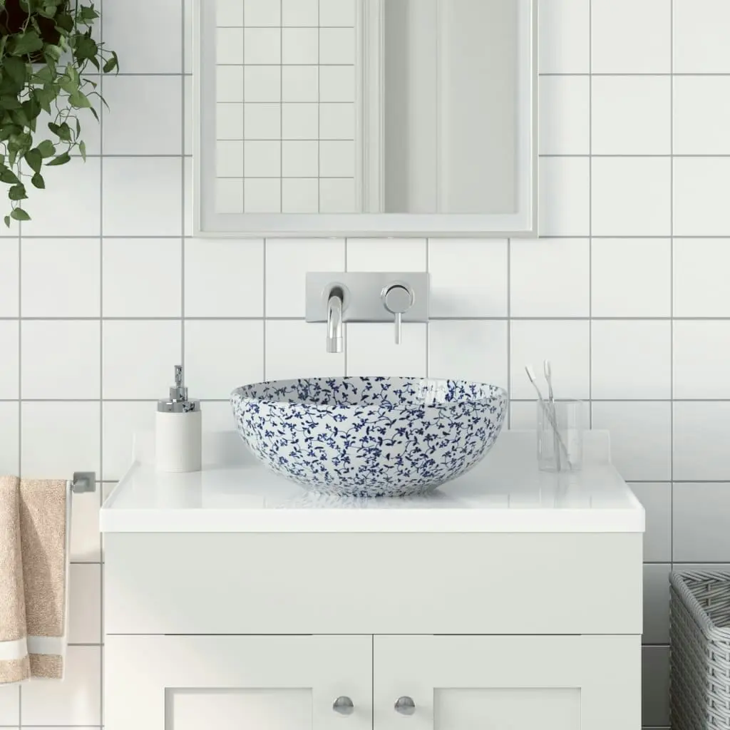 Countertop Basin White and Blue Round Φ41x14 cm Ceramic 155050