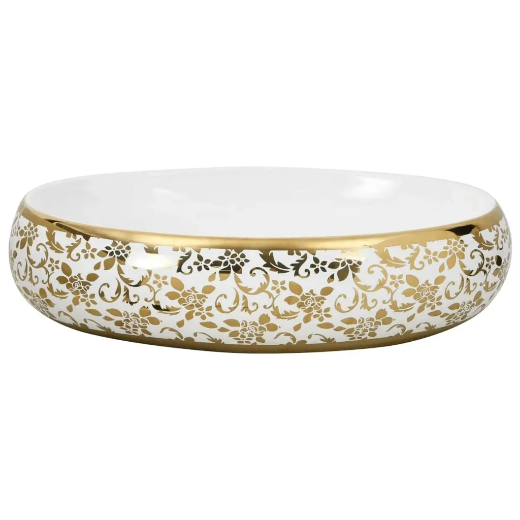 Countertop Basin White and Gold Oval 59x40x15 cm Ceramic 155111