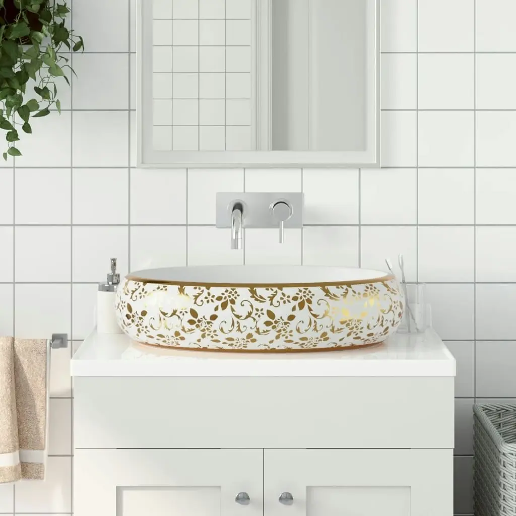 Countertop Basin White and Gold Oval 59x40x15 cm Ceramic 155111