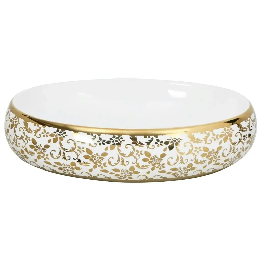 Countertop Basin White and Gold Oval 59x40x15 cm Ceramic 155111