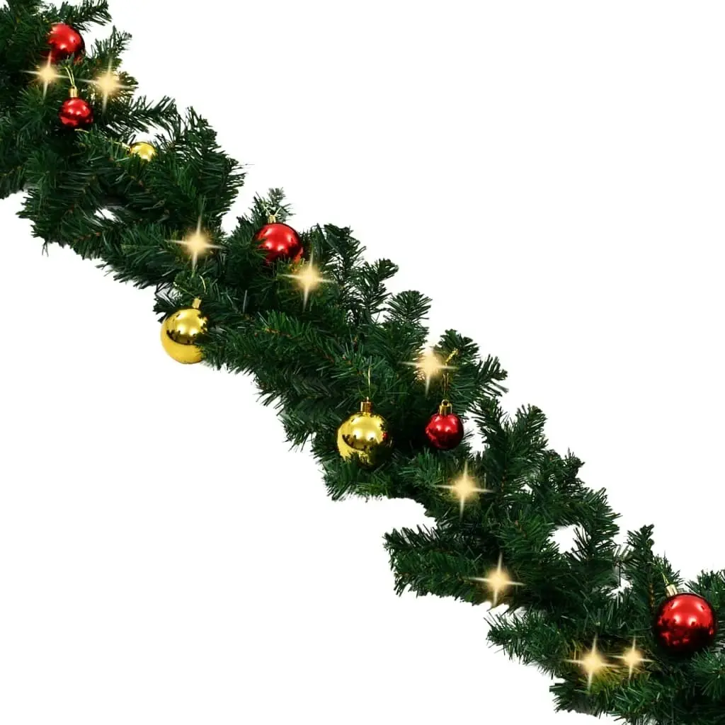 Christmas Garland with Baubles and LED Lights Green 10 m PVC 321508