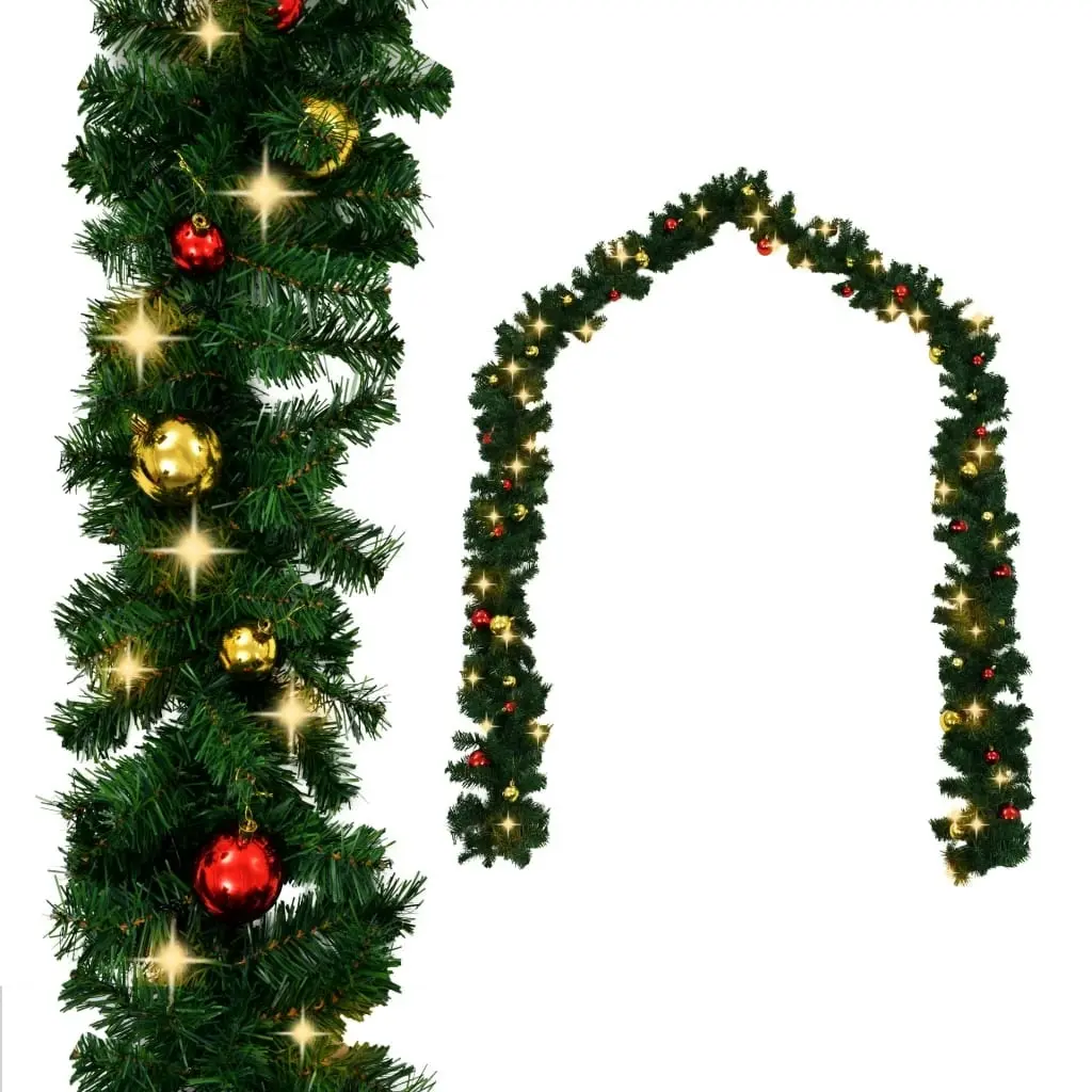 Christmas Garland with Baubles and LED Lights Green 10 m PVC 321508