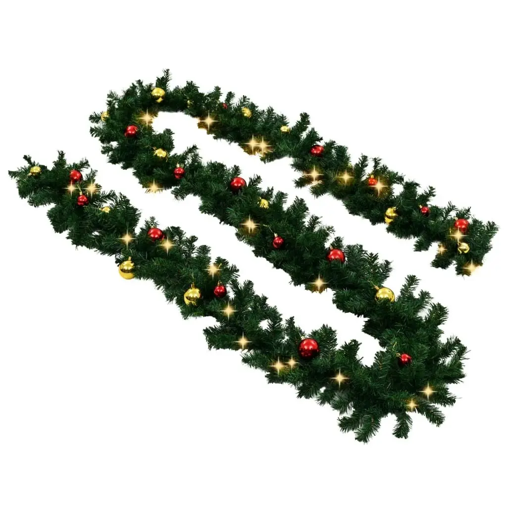 Christmas Garland with Baubles and LED Lights Green 10 m PVC 321508