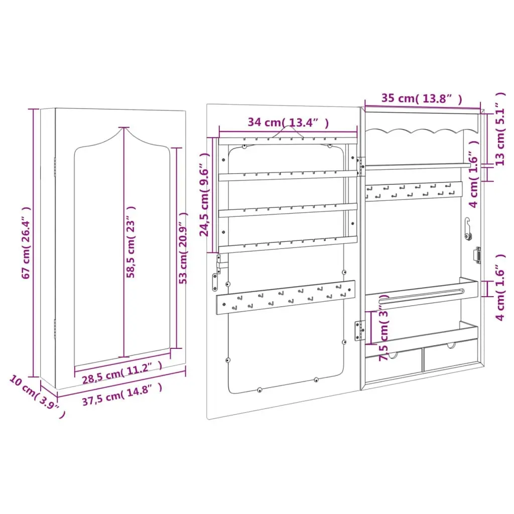 Mirror Jewellery Cabinet Wall Mounted White 37.5x10x67 cm 353220