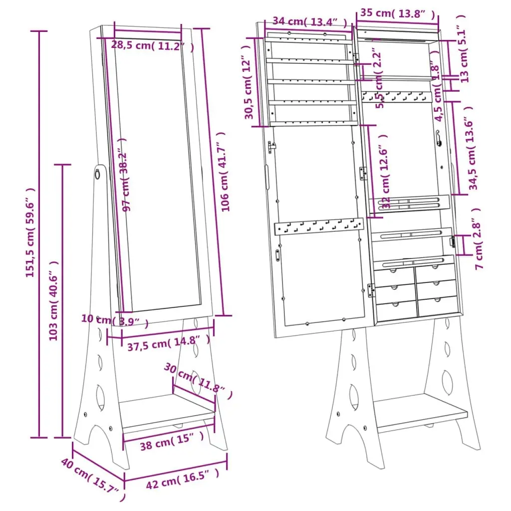 Mirror Jewellery Cabinet with LED Lights Free Standing Black 353266