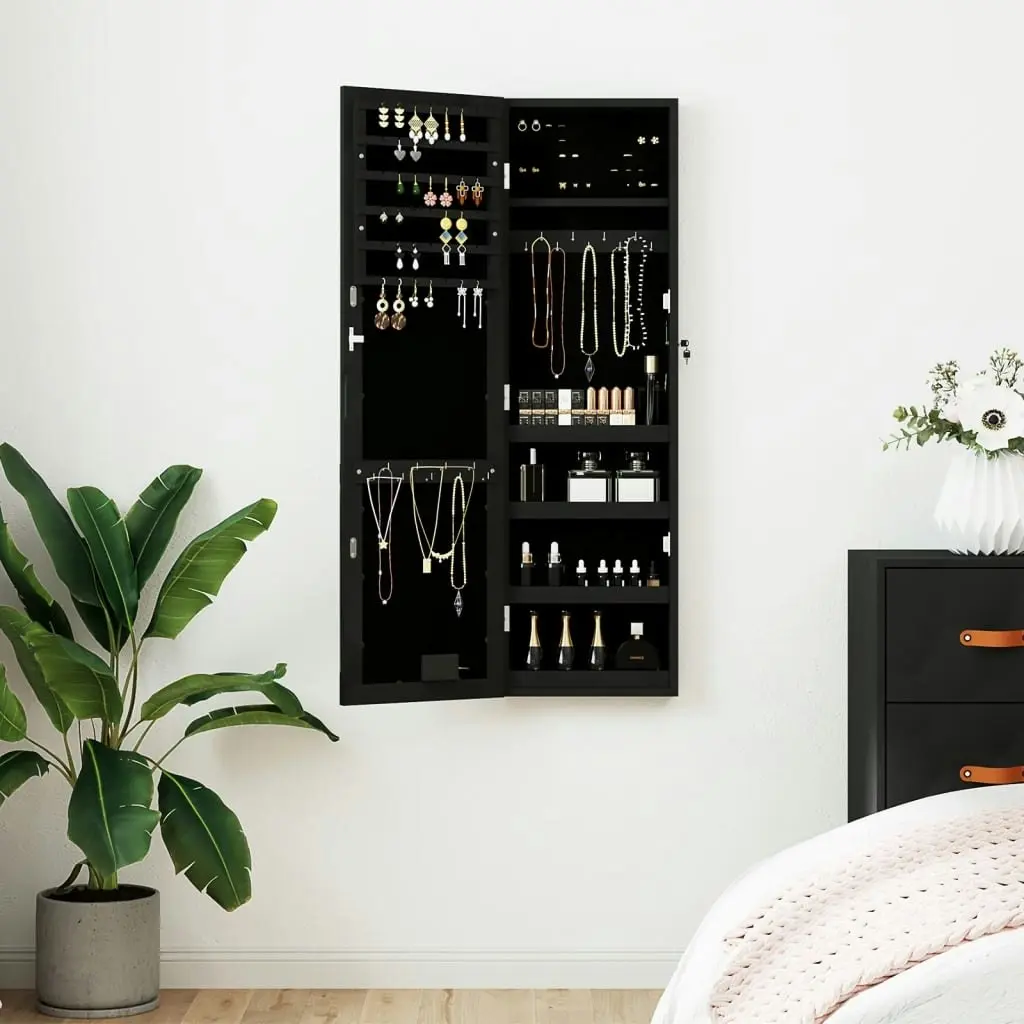 Mirror Jewellery Cabinet with LED Lights Wall Mounted Black 353254