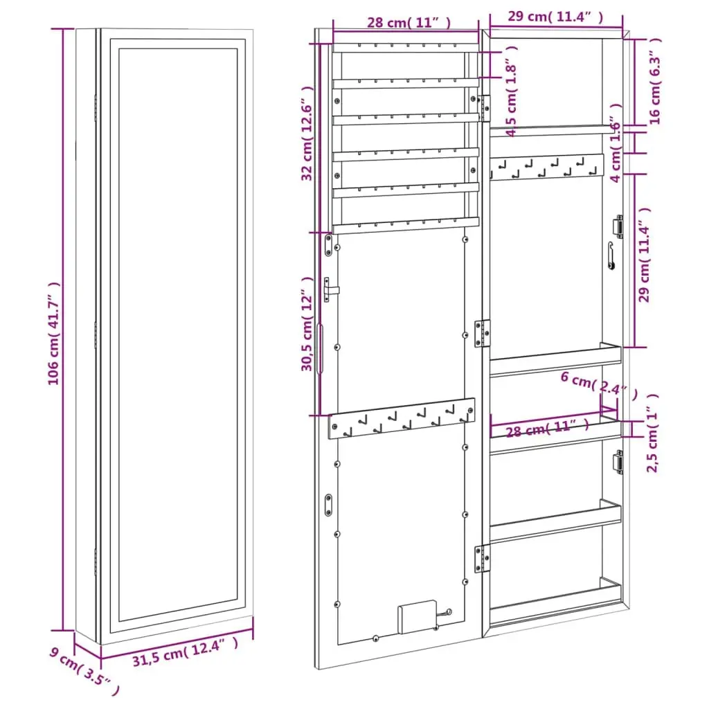 Mirror Jewellery Cabinet with LED Lights Wall Mounted Black 353254