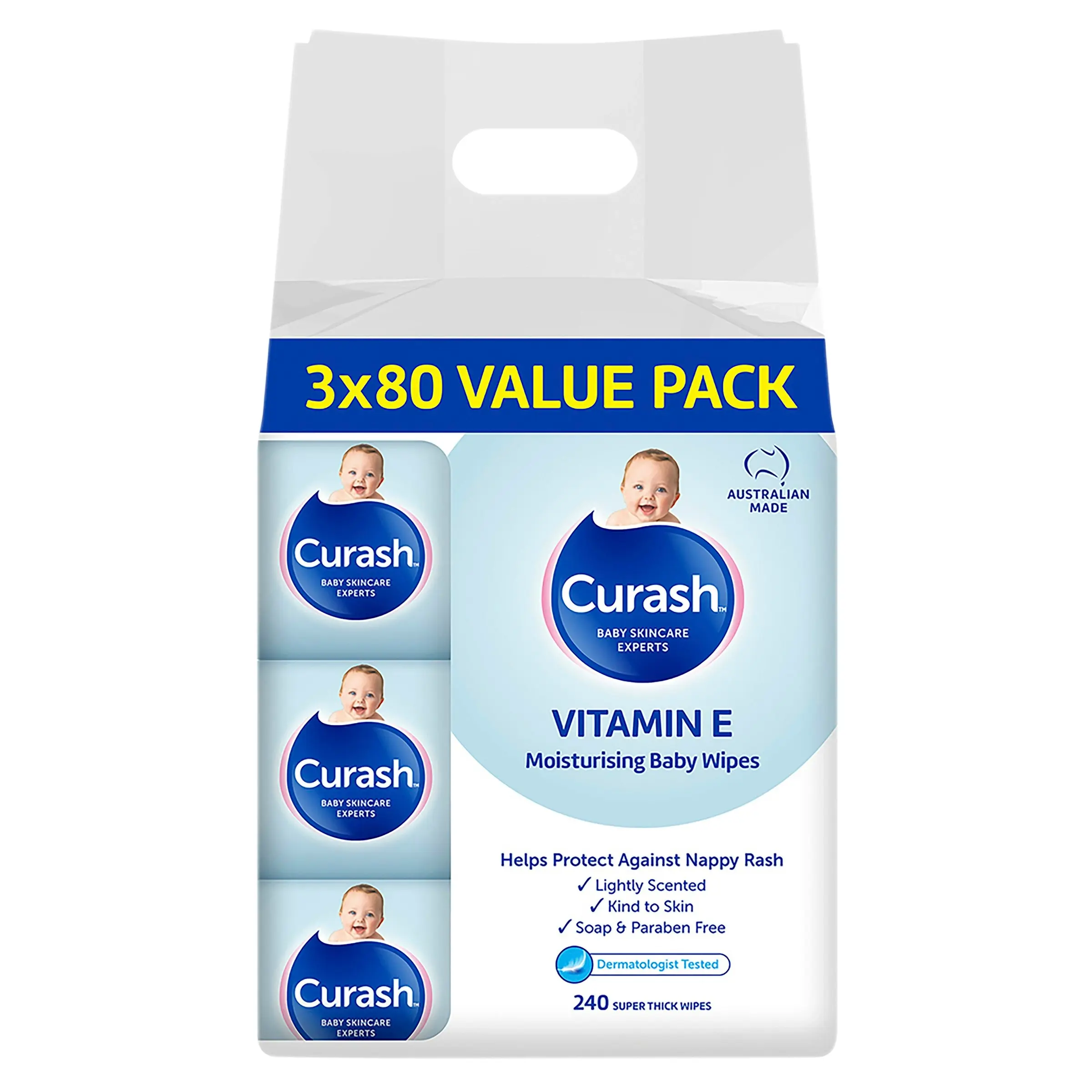 Curash Babycare Vitamin E Baby Wipes 3 x 80 Pack